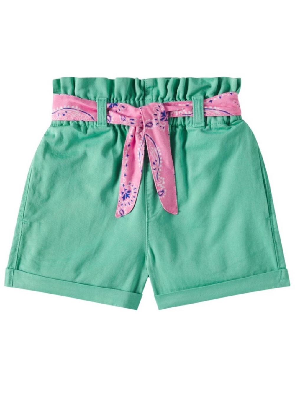 The New Society Pothia cotton twill shorts Green Pink bandana sash Girls 10Y NWT